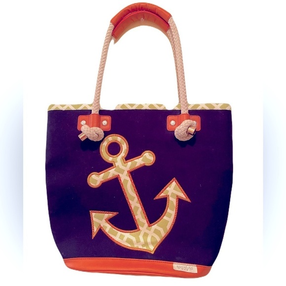 Spartina 449 Tote Bag Anchor Navy and Orange Canvas and Linen - Picture 1 of 11
